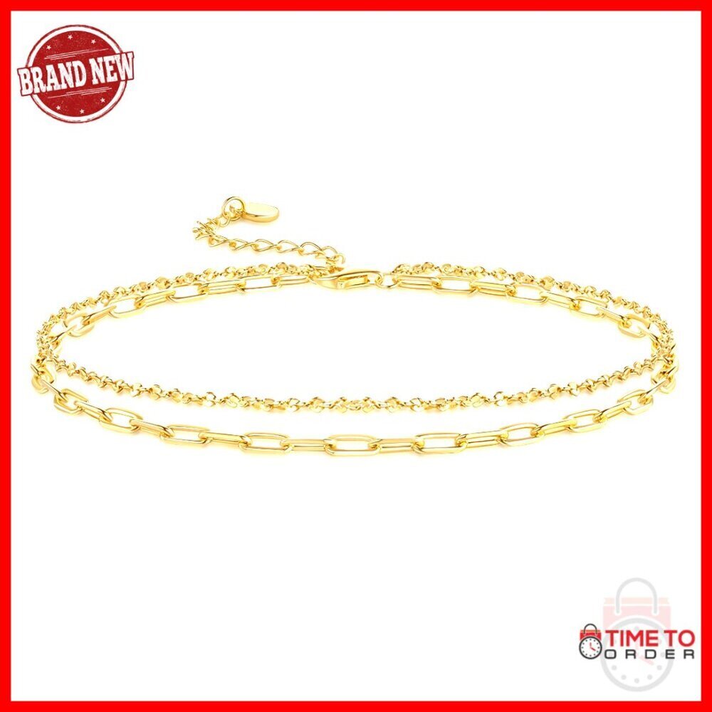 14K Gold Double-Layer Anklet, Adjustable Lobster Clasp, Paperclip Chain